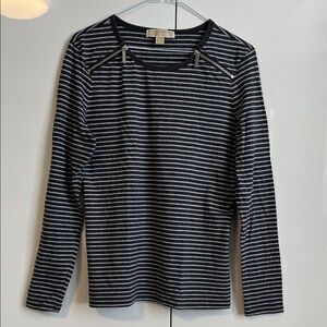 MICHAEL KORS Cotton Striped Grey Long Sleeve Top Silver Zipper Detail, Size M